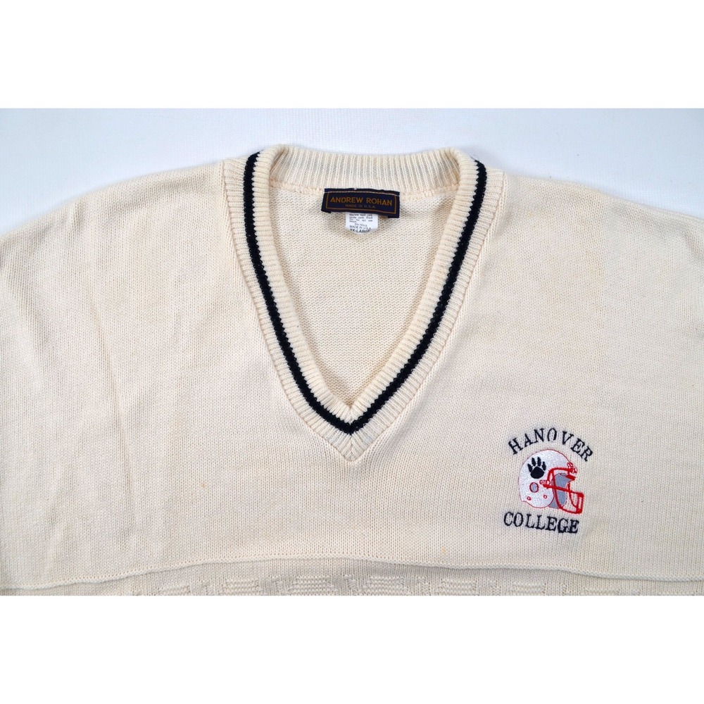 Andrew Rohan Sweater Mens 2XL Ivory w/ Blue Trim V-Neck Hanover College USA - Picture 3 of 16